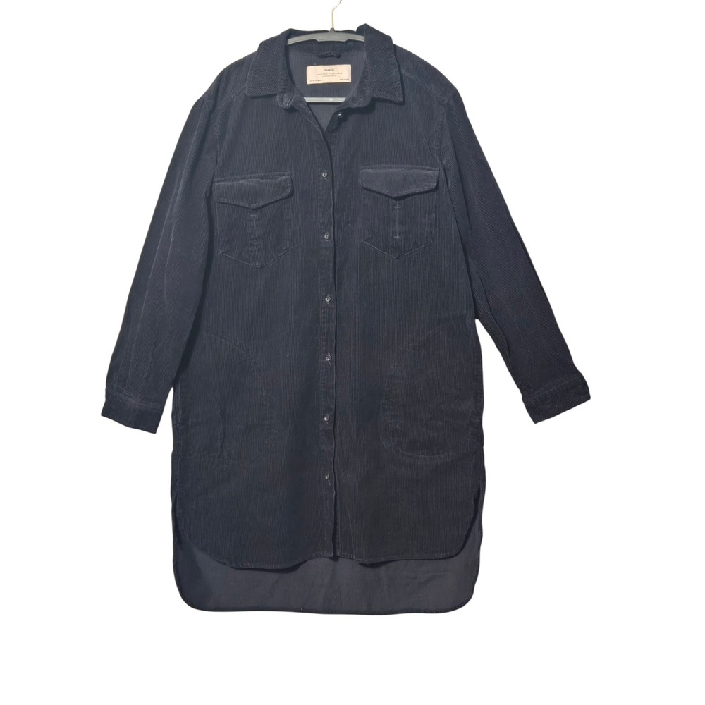 Zara Basic Corduroy Overcoat M Black 100% Cotton Longline Minimalist Shirt Coat